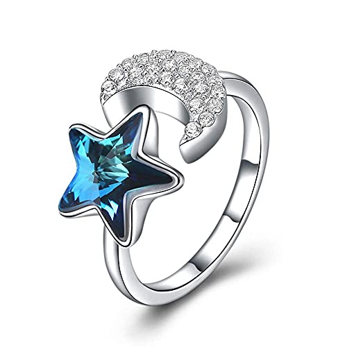 Ohrringe für Damen Einstellbare Ring Frauen,S925 Sterling Silber Blauer Kristallstern Eingelegt Zirkonia Mond Mode Verstellbarer Offener Kn?Chel Schwanz Ring Finger Joint Zehenring Schmuck F von Generic