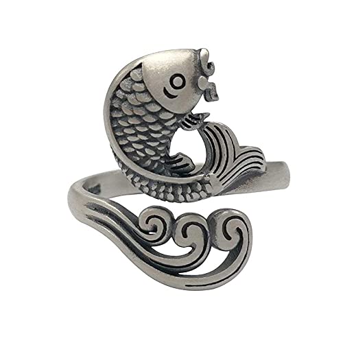 Ohrringe für Damen Einstellbare Ring Frauen,S925 Sterling Silber Retro Kreative Koi Fisch Welligkeit Verstellbare Open Knuckle Schwanz Ring Finger Joint Zehenring Schmuck Für Frauen M?Dchen von Generic