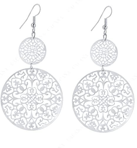 Ohrringe mit filigraner Scheibe aus Filigran, Ohrhänger mit doppelter Scheibe, rund, Ohrringe mit Haken, leicht, Silber von Generic