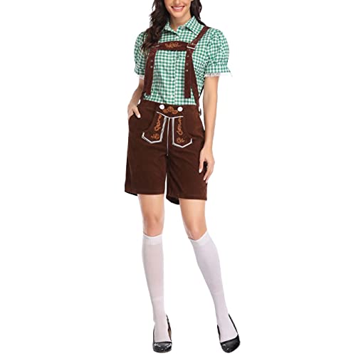 Oktoberfest Damen Outfit - Trachtenhemd Lederhose Tracht Kariertes Hemd Jumpsuit Bayerisches Oktoberfest Kostüm Set für Halloween Dress Up Party Karneval Wiesn und Bierfest Bier Bühnenshow von Generic