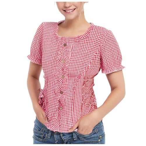Oktoberfest Damen Trachtenbluse Rot Kariert Traditionelle Trachten Bluse Spitze Oktoberfest Outfit Trachtenbluse Karierte Bluse Kurzarmhemd Karierte Hemd Langarm Trachtenbluse von Generic