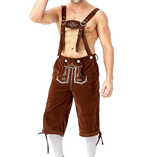 Oktoberfest Herren Outfit, Trachten Herren Lederhose Knielang inkl. Hosenträger Trachten Trägerhose Capri-Länge Oktoberfest Kostüm Herren Trachtenhose Bierfest Bayerisches Halloween Hose von Generic