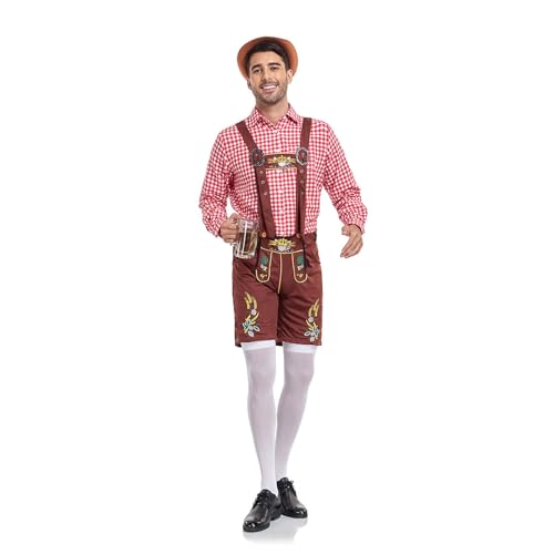 Oktoberfest Herren Outfit Komplett Set Deutscher 2-teiliger Bühnenkostüm-A nzug 1-teiliges Hemd + 1-teiliger Latzhose traditionelle Bierfest-Kleidung Kariertes Hemd bestickter (Red-A, XL) von Generic