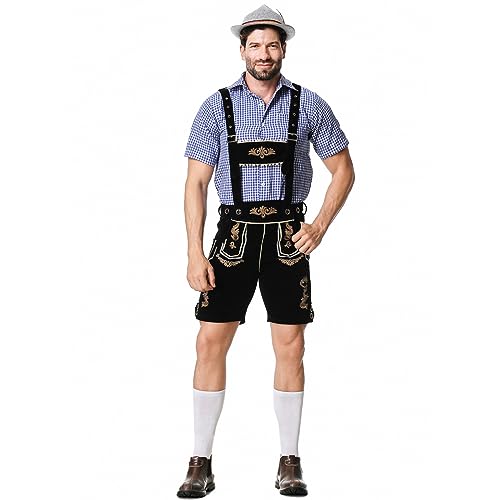 Oktoberfest Herren Outfit Komplett Set Deutscher 2-teiliger Bühnenkostüm-Anzug 1-teiliges Hemd + 1-teiliger Latzhose traditionelle Bierfest-Kleidung kariertes Hemd bestickter (Gold, L) von Generic