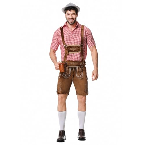 Oktoberfest Herren Outfit Komplett Set Kariertes Hemd + Hose + Trachtenhut 3 Teiliges Traditionelle Bierfest Kleidung Latzhose Trachten Lederhose Trachtenhemd (02-Coffee, XL) von Generic