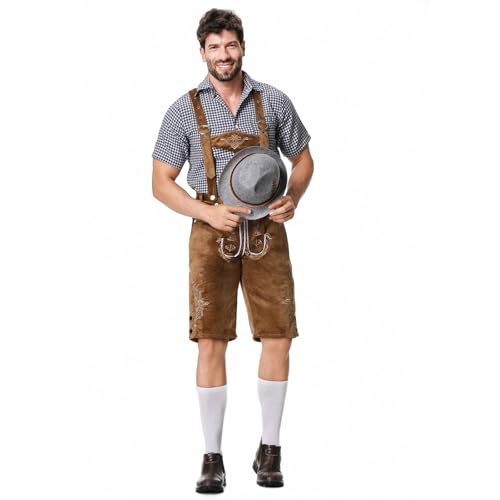 Oktoberfest Herren Outfit Komplett Set Kariertes Hemd + Hose + Trachtenhut 3 Teiliges Traditionelle Bierfest Kleidung Latzhose Trachten Lederhose Trachtenhemd (03-Coffee, XL) von Generic
