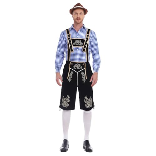 Oktoberfest Herren Outfit Komplett Set Kariertes Hemd + Hose + Trachtenhut 3 Teiliges Traditionelle Bierfest Kleidung Latzhose Trachten Lederhose Trachtenhemd (04-Purple, L) von Generic