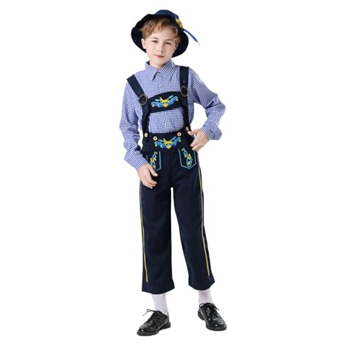 Oktoberfest Junge Outfit Blau Und Weiß Karierte Bayrische Hemd 3 Teilig Trachtenset Kinder Oktoberfest Trachtenhemd Set Arbeitshose Knöchellange Hose Hut (Blue, 11-12 Years) von Generic