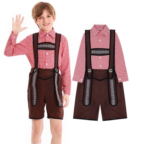 Oktoberfest Trachtenhose 2 Teilige Jungen Gingham Hemd Lederhose Kinder Trachtenset Oktoberfest Kostüm Bayerisches Bierfest Trachtensets Halloween Bayerische Outfit (Brown, 14-16 Years) von Generic