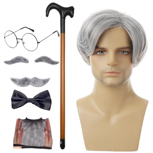 Old Man Perücken-Set, Old Man Cosplay | Perückenkappe mit Stockbrille, falsche Augenbrauen, Schnurrbart, Fliege, 8 Stück/Set | Hallo Kostüm für Old Man von Generic