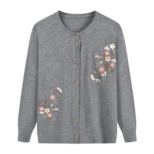 Omas Blumendruck Strickwaren Frühling Herbst mittleren Alters Mutter Strickjacke Bestickte Strickpullover Mantel, gray9, XL von Generic