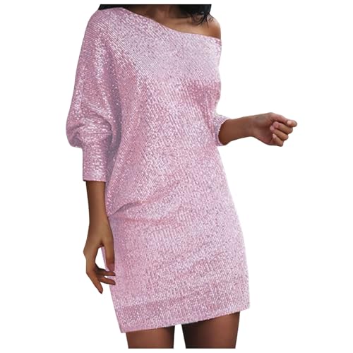 One Shoulder Kleid Damen Pailletten Kurze,Etuikleid Paillettenkleid Frauen| Minikleid Damen Glitzer Kleid mit Fransen Off Shoulder Cocktailkleid Abendkleider Tunika Kleid A Linien Kleid von Generic