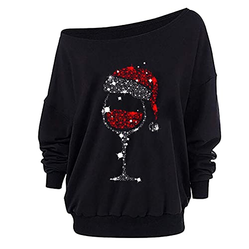 One Shoulder Weihnachtsbluse Damen, Schulterfreies Weihnachtsshirt mit Glitzer Weinglas Muster- Weihnachtspullover Sweatshirt Weihnachtspulli Langarm Winter Oberteile Schwarz Frauen von Generic