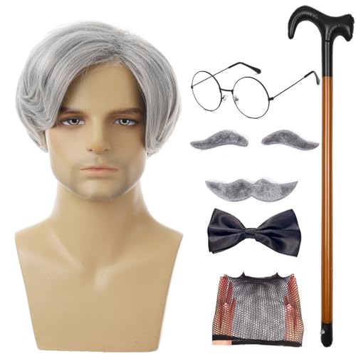 Opa -Kostüm -Set - Realistische alte Mann Perücke | 8PCS komplettes Cosplay-Kit beinhaltet Wanderrohr mit Schnurrbart & Augenbrauen, Brille und Fliege für Halloween, Theater- und Dress-up-Partys (grau von Generic