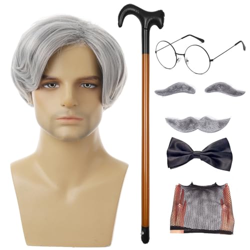 Opa-Perücke und Schnurrbart / Set alter Mann Perücke Opa Perücken – Gehstock-Brille künstliche Augenbrauen künstlicher Schnurrbart Fliege für Cosplay von Generic