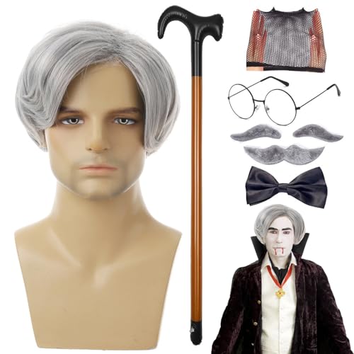 Opa-Perücke und Schnurrbart – Set alte Mann-Perücke, Opa-Perücken – Stangen-Brille, künstliche Augenbrauen, Schnurrbart, Fliege, Perücke, Kappe, Perücken für Halloween, Weihnachten, Cosplay von Generic