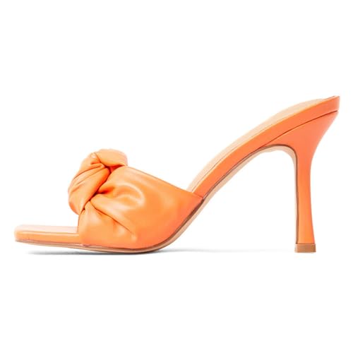 Orange,37 EU,Damen Sandalen mit quadratischer offener Spitze und Absatz, Hausschuhe, rückenfrei, Stiletto-Absatz, modisch, lässig, Peep-Toe, Slip-On, Pantolette, Slide, Schleife von Generic