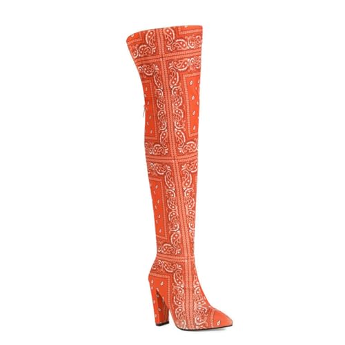 Orange,41 EU,Overknee-Stiefel für Damen mit Blockabsatz und Reißverschluss auf der Rückseite, Lange Stiefel, Spitze Zehenpartie, klobige Absätze, hohe Stiefel, Elastizität, Bedruckte von Generic