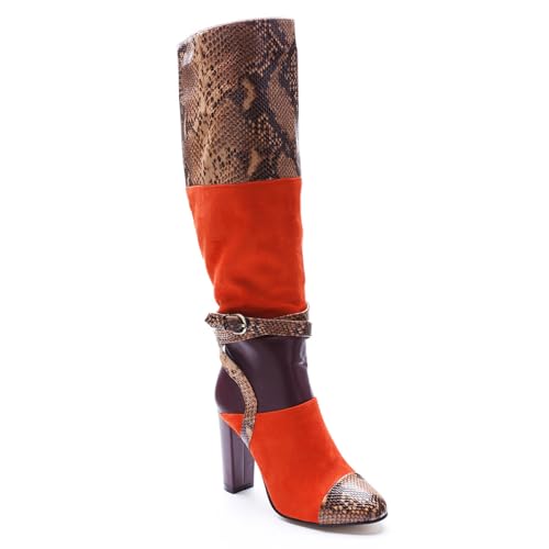 Orange,42 EU,Kniehohe Stiefel für Damen in Colorblock-Optik, runde Zehenpartie, klobiger Blockabsatz, hohe Stiefel, seitlicher Reißverschluss, Bequeme Party-Abendschuhe mit gekreuzter Orange,42 EU,Kniehohe Stiefel für Damen in Colorblock-Optik, runde Zehenpartie, klobiger Blockabsatz, hohe Stiefel, seitlicher Reißverschluss, Bequeme Party-Abendschuhe mit gekreuzter von Generic