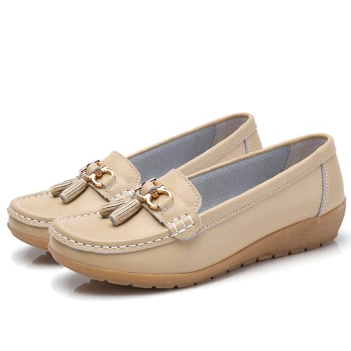Orthopädische Damen Loafer echtem Bequeme Wanderschuhe für Arbeit Freizeit sommerliche Einlegesohle atmungsaktiv weich flexibel (Beige, 40) von Generic