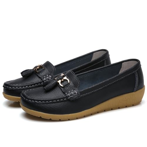 Orthopädische Damen Loafer echtem Bequeme Wanderschuhe für Arbeit Freizeit sommerliche Einlegesohle atmungsaktiv weich flexibel (Black, 42) von Generic