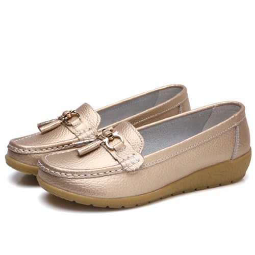 Orthopädische Damen Loafer echtem Bequeme Wanderschuhe für Arbeit Freizeit sommerliche Einlegesohle atmungsaktiv weich flexibel (Gold, 42) von Generic