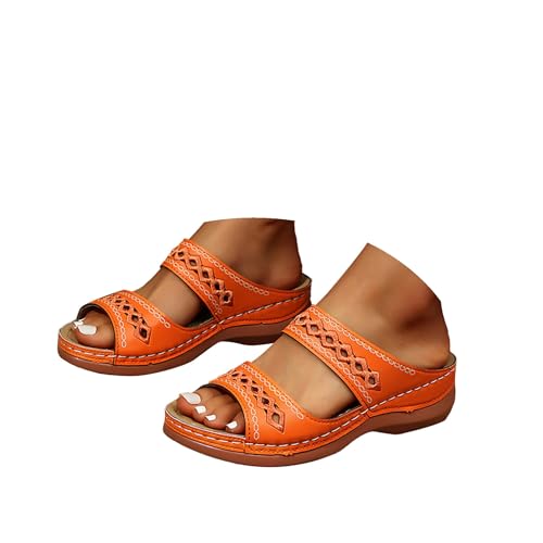 Orthopädische Sandalen Damen Pantoletten Damen Freizeit Plateau Sandalen mit Arch Support Sommer Keilabsatz Leder Hausschuhe Rutschfeste Strand Bequeme Sandaletten Frauen Vintage Sommerschuhe von Generic