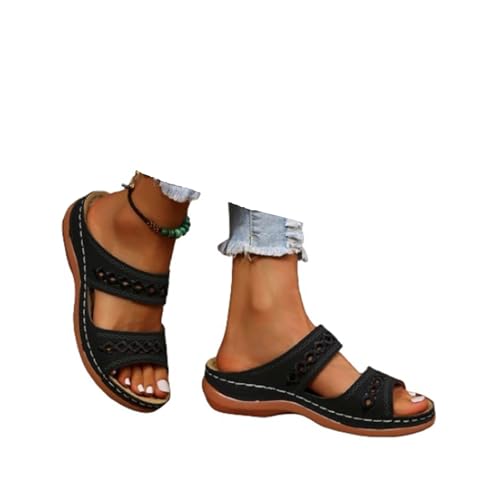 Orthopädische Sandalen Damen Pantoletten Damen Freizeit Plateau Sandalen mit Arch Support Sommer Keilabsatz Leder Hausschuhe Rutschfeste Strand Bequeme Sandaletten Frauen Vintage Sommerschuhe von Generic