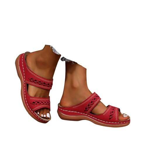 Orthopädische Sandalen Damen Pantoletten Damen Freizeit Plateau Sandalen mit Arch Support Sommer Keilabsatz Leder Hausschuhe Rutschfeste Strand Bequeme Sandaletten Frauen Vintage Sommerschuhe von Generic
