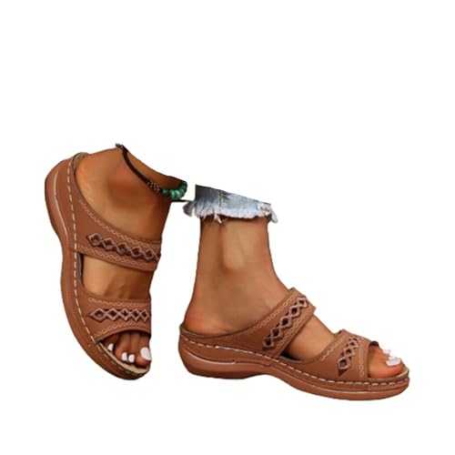 Orthopädische Sandalen Damen Pantoletten Damen Freizeit Plateau Sandalen mit Arch Support Sommer Keilabsatz Leder Hausschuhe Rutschfeste Strand Bequeme Sandaletten Frauen Vintage Sommerschuhe von Generic