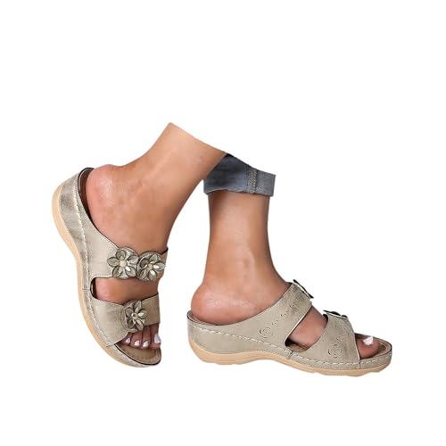 Orthopädische Sandalen Damen Pantoletten Hausschuhe Damen Freizeit Plateau Sommer Keilabsatz Leder Rutschfeste Strand Bequeme Sandaletten Frauen Vintage Sommerschuhe Walking Sandalen mit Arch Support von Generic