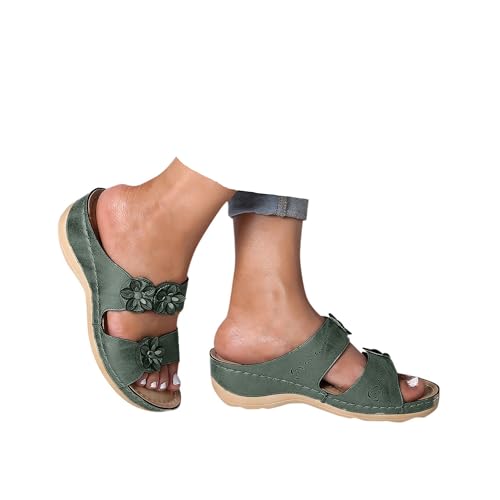 Orthopädische Sandalen Damen Pantoletten Hausschuhe Damen Freizeit Plateau Sommer Keilabsatz Leder Rutschfeste Strand Bequeme Sandaletten Frauen Vintage Sommerschuhe Walking Sandalen mit Arch Support von Generic