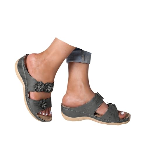 Orthopädische Sandalen Damen Pantoletten Hausschuhe Damen Freizeit Plateau Sommer Keilabsatz Leder Rutschfeste Strand Bequeme Sandaletten Frauen Vintage Sommerschuhe Walking Sandalen mit Arch Support von Generic