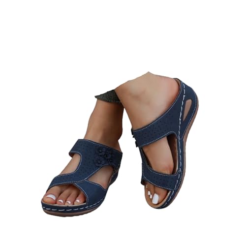 Orthopädische Sandalen Damen Sommer Peep Toe Orthopädische Slide Frauen Bequeme Sandaletten mit Weiches Fußbett Sommer Leichte Rutschfest Sandals Freizeit Hausschuhe Keil PU-Leder Pantoffeln Slippers von Generic