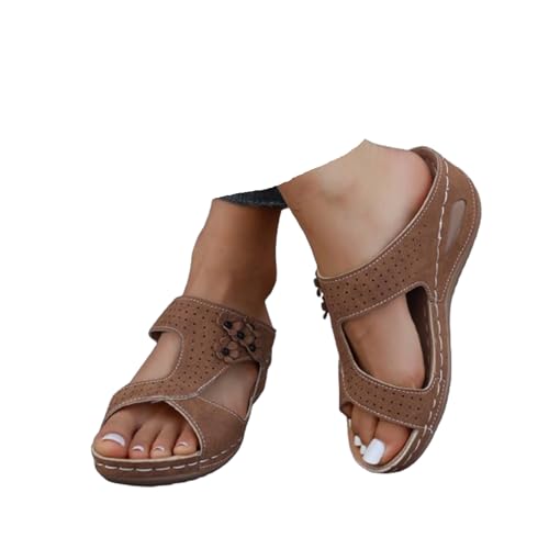 Orthopädische Sandalen Damen Sommer Peep Toe Orthopädische Slide Frauen Bequeme Sandaletten mit Weiches Fußbett Sommer Leichte Rutschfest Sandals Freizeit Hausschuhe Keil PU-Leder Pantoffeln Slippers von Generic