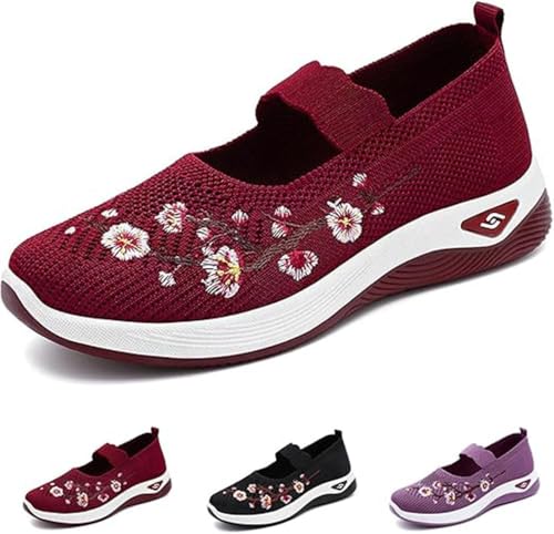 Orthopedic Shoes for Women,Women's Embroidered Flower Shoeses,Women's Flower Embroidered Slip On Knitting Flat Loafers,Nurse Shoeses Casual Walking Sneakers (Red,41) von Generic