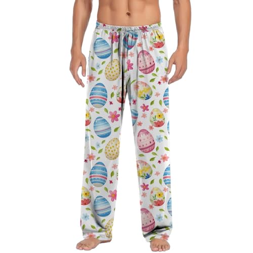 Ostern Schlafanzughose Herren Relaxed Fit Pyjamahose Lang 3D Kaninchen Häschen Eier Muster Männer Nachtwäsche Hose Freizeithose Haushose Loungehose mit Taschen von Generic