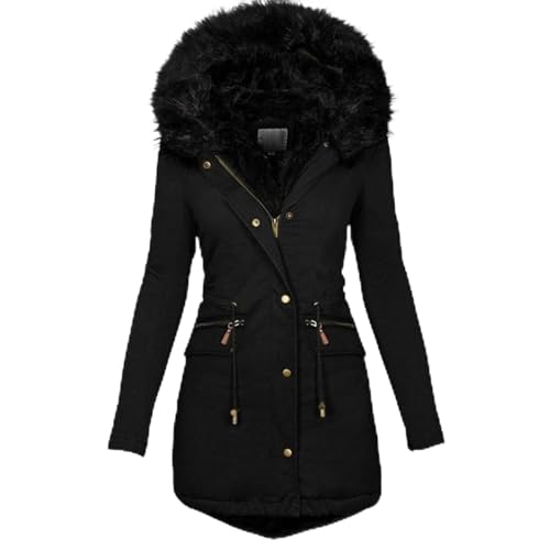 Outdoor Fleecejacken für Damen Wintermantel Lang Warmer Regenjacke mit Kapuze Winddicht Outdoorjacke Große Größe S-3Xl XL Black von Generic