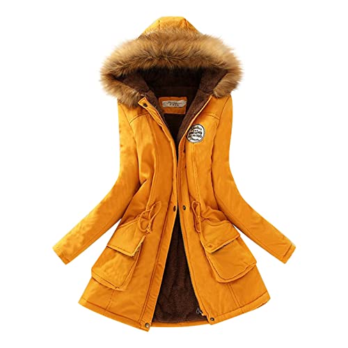 Outdoorjacke Damen Wasserdicht Steppmantel Damen Lang Wachsjacke Damen Übergangsjacke Damen Softshell Winter Frühjahr Wollmantel Gepolsterter Damen Leicht Daunenjacken mit Kapuzen (Gelb, XXL) von Generic