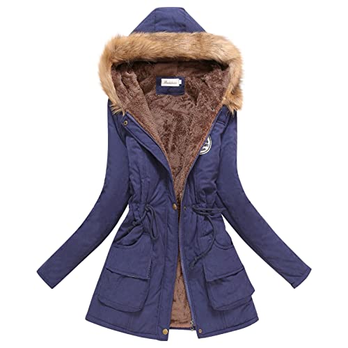 Outdoorjacke Damen Wasserdicht Steppmantel Damen Lang Wachsjacke Damen Übergangsjacke Damen Softshell Winter Frühjahr Wollmantel Gepolsterter Damen Leicht Daunenjacken mit Kapuzen (Marine, L) von Generic