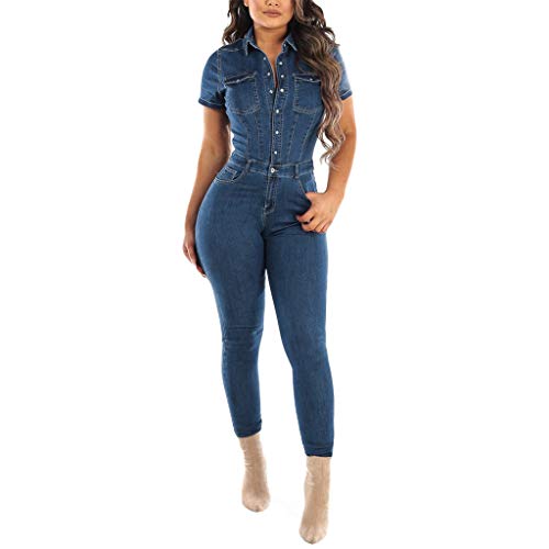Overall Damen Eng Lang: Jumpsuit Damen Kurzarm Einteiler Mit Taschen Jeans Jumpsuits Revers Playsuit Leggings Playsuits Leicht jeans hose Stretch stoffhose High Waist Hosenanzug/Sommeroveralls von Generic