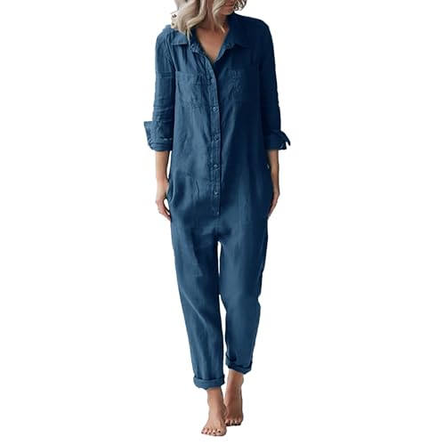 Overall Damen Kuschelig Baumwolle | Latzhose Damen Arbeitshose Stretch | V-Ausschnitt Kostüm Jumpsuit Mit Taschen Stoffhose Revers Einreihiger Workout Einteiliger Langarm Locker Strampler von Generic