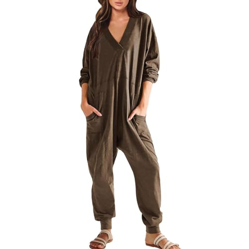 Overall Damen Kuschelig Oversize Jumpsuit Langarm Locker V-Ausschnitt Hausanzug Onesie Pyjama Set Locker Nachthemden Lässig Einteiler Playsuit Strampler Freizeitanzug Leichte Anzug von Generic