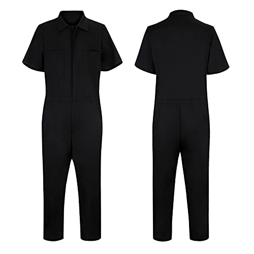 Overall Herren Arbeitskleidung Schwarz - Jumpsuit Herren Kurzarm Sommer Einteiler Hausanzug Loose Fit Sweatsuit Vintage 90Er Jumpsuits Lässiger Hemd Hose Einteiliger Mit Knopfleiste Overalls von Generic