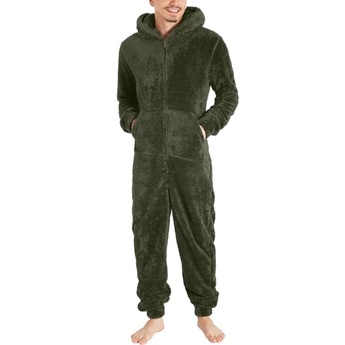 Overall Schlafanzug Herren, Lang Einfarbig Fleece Jumpsuit Pyjama,Männer Langen Ärmeln Reißverschluss Mit Kapuze Onesie Einteiler,Winter Warm Flauschig Romper Nachtwäsche (AG, XXXL) von Generic