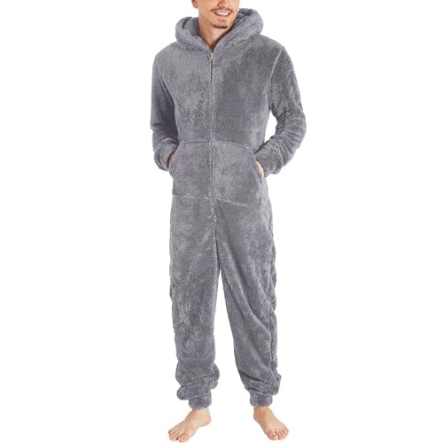 Overall Schlafanzug Herren, Lang Einfarbig Fleece Jumpsuit Pyjama,Männer Langen Ärmeln Reißverschluss Mit Kapuze Onesie Einteiler,Winter Warm Flauschig Romper Nachtwäsche (Dunkelgrau, XL) von Generic