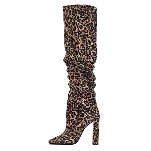 Overknee-Stiefel für Damen mit dickem Absatz modische Overknee-Stiefel mit spitzer Spitze Bequeme Slip-On-High-Heel-Kleiderparty-Stiefel für Herbst und Winter,Leopard Print,46 EU von Generic