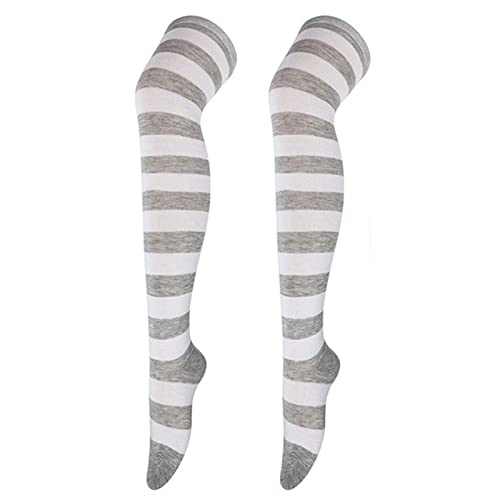 Overknee Strümpfe Damen Kniestrümpfe Bunt Ringel Baumwolle Damen Gestreifte Overknees Strümpfe Kuschelsocken Ringelstrümpfe Karneval Cosplay 80er Jahre (Grey, One Size) von Generic