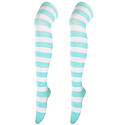 Overknee Strümpfe Damen Kniestrümpfe Bunt Ringel Baumwolle Damen Gestreifte Overknees Strümpfe Kuschelsocken Ringelstrümpfe Karneval Cosplay 80er Jahre (Mint Green, One Size) von Generic