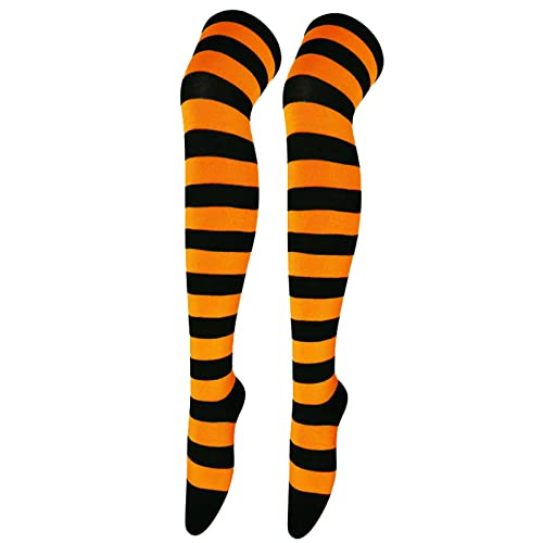 Overknee Strümpfe Damen Kniestrümpfe Bunt Ringel Baumwolle Damen Gestreifte Overknees Strümpfe Kuschelsocken Ringelstrümpfe Karneval Cosplay 80er Jahre (Orange, One Size) von Generic